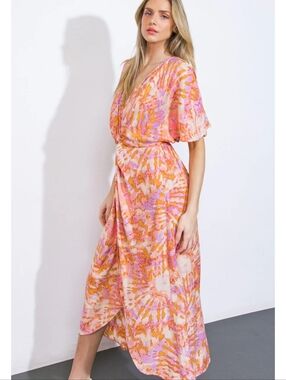 Vici Lightweight Pink & Orange Floral Maxi Dress Tulip Hem Blousson Top Large
